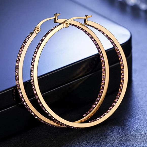 New Big Pink Gold Rhinestone Hoop Earrings Sparkle Crystal Channel CZ Hoops - Picture 2 of 6